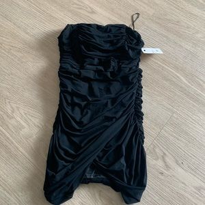 Black New Year’s Eve dress. Strapless ruched with leg slit. Structured bra